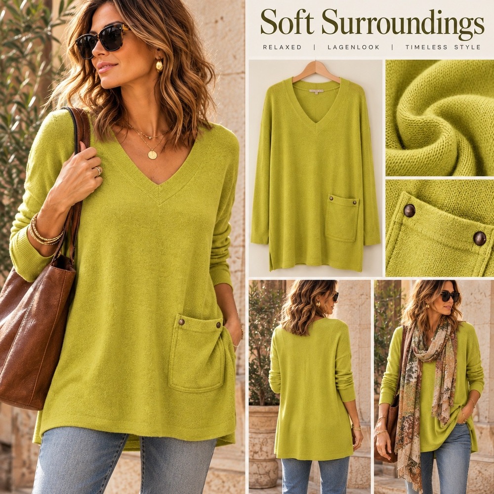 Soft Surroundings Petite M Chartreuse Cashmere Blend Tunic Sweater Lagenlook